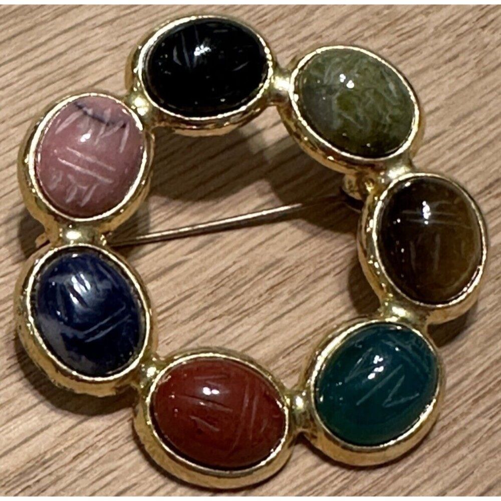 Vintage Egyptian Revival Carved Scarab Multicolored Brooch Pin Round Gold Tone